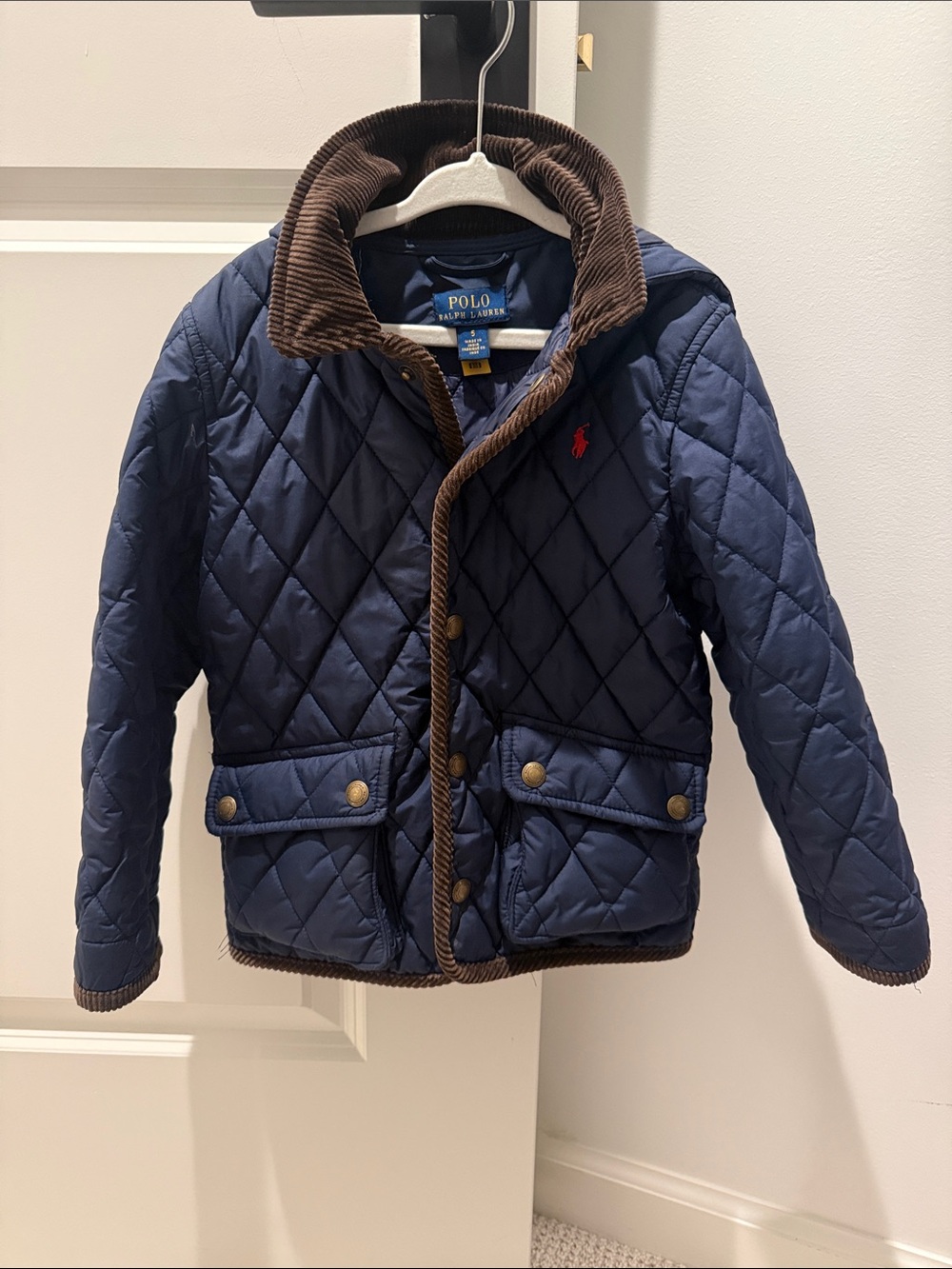 Polo by Ralph Lauren Navy Quilted Kids Barn Jacket with Brown Trim